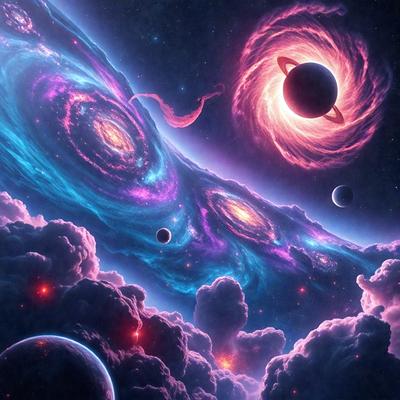 The primary subject of the image is a purple and blue nebula with a black hole in the center. The setting is a space filled with various celestial objects, including planets and stars. The visual style is digital art, creating a vibrant and colorful scene. The dominant colors are purple, blue, and black, with the purple and blue nebula being the most prominent feature. The overall atmosphere is one of wonder and exploration, as the viewer is drawn into the vast and beautiful universe.